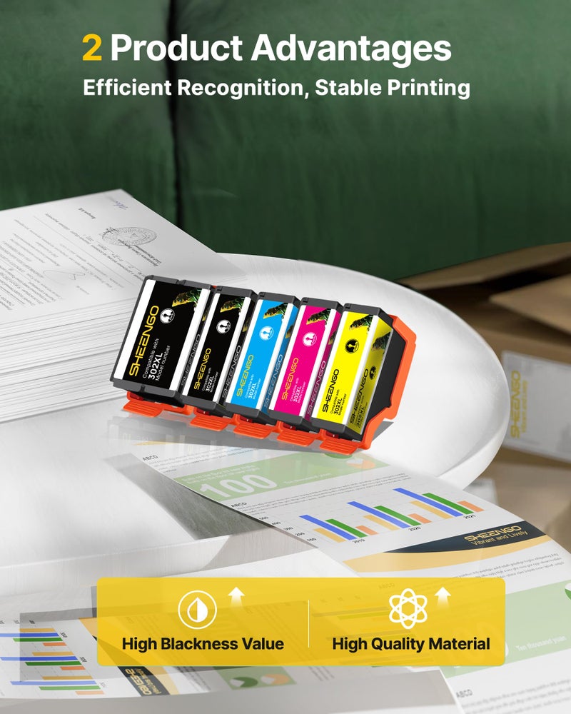 SHEENGO 302XL 302 Ink Cartridges Remanufactured for Epson 302 Ink Cartridges 302 XL T302XL T302 High Yield Multipack Work for Expression XP-6100 XP-6000 (Black/Cyan/Magenta/Yellow/PhotoBlack, 5 Pack) - Image 4