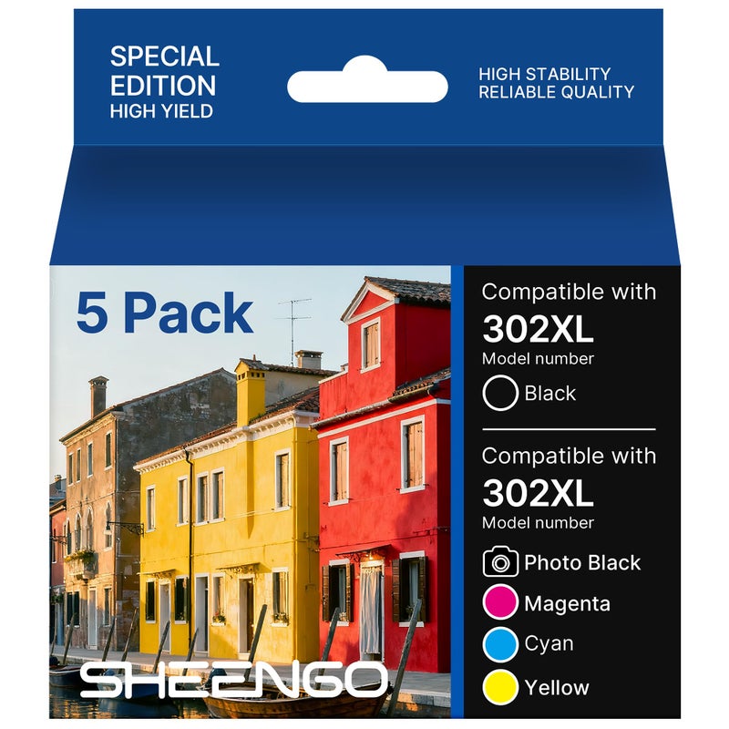 SHEENGO 302XL 302 Ink Cartridges Remanufactured for Epson 302 Ink Cartridges 302 XL T302XL T302 High Yield Multipack Work for Expression XP-6100 XP-6000 (Black/Cyan/Magenta/Yellow/PhotoBlack, 5 Pack) - Image 1