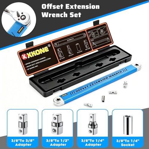 XKONE Offset Extension Wrench – Zero-degree Swing for Tight Spaces,3/8" Drive Socket Extender Tool with 1/4",3/8",1/2" Square Adapters and 1/4" Socket. - Image 3