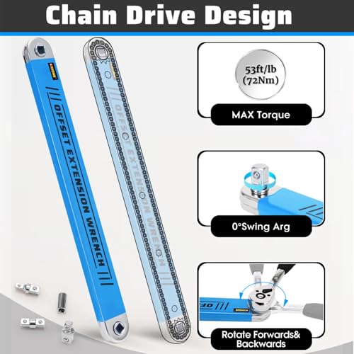 XKONE Offset Extension Wrench – Zero-degree Swing for Tight Spaces,3/8" Drive Socket Extender Tool with 1/4",3/8",1/2" Square Adapters and 1/4" Socket. - Image 5