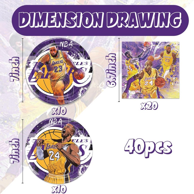Bahteliv 40Pcs Los Angeles Party Supplies include 20 plates, 20 napkins for The Laker party decoration - Image 2
