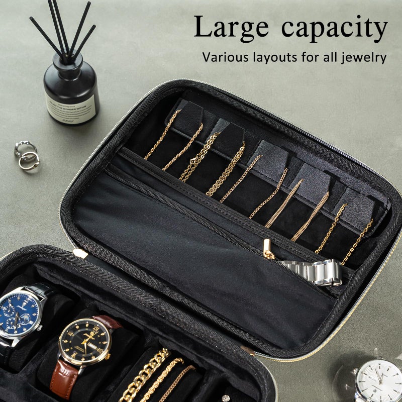 ProCase Mens Extra Large Jewelry Storage Case, 3 Slots Travel Watch Accessories Carrying Box, Glasses Necklaces Rings Bracelets Zippered Organizer Bag for Male -Black - Image 4