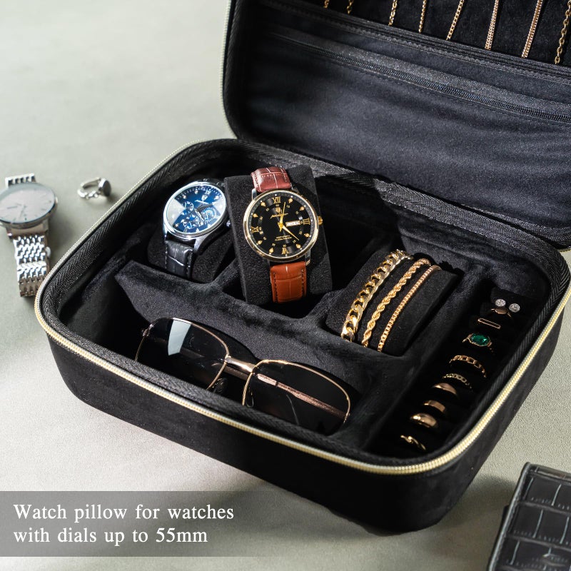 ProCase Mens Extra Large Jewelry Storage Case, 3 Slots Travel Watch Accessories Carrying Box, Glasses Necklaces Rings Bracelets Zippered Organizer Bag for Male -Black - Image 3