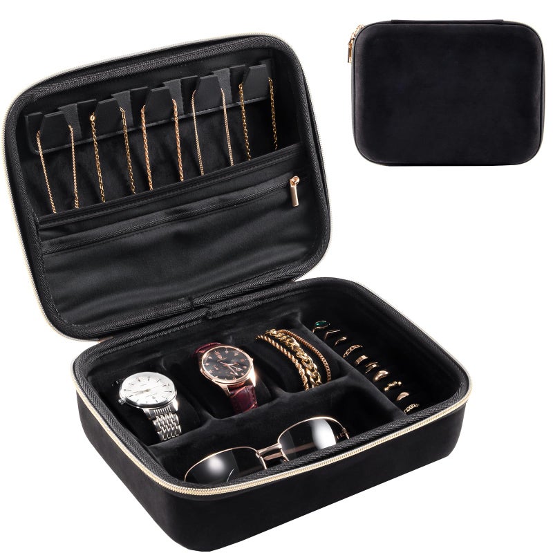 ProCase Mens Extra Large Jewelry Storage Case, 3 Slots Travel Watch Accessories Carrying Box, Glasses Necklaces Rings Bracelets Zippered Organizer Bag for Male -Black - Image 1