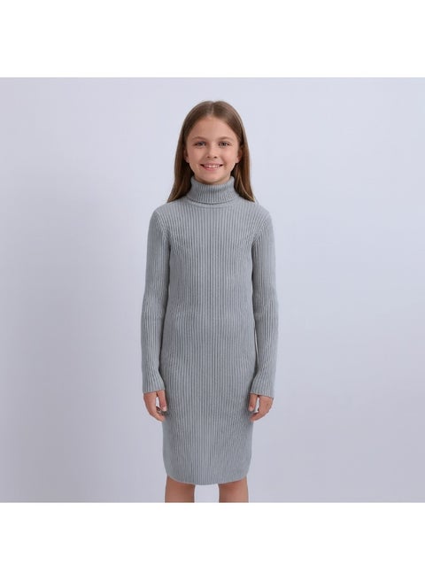 فستان سويت شيرت بياقة مدورة مضلعة للبنات، مصنوع من مادة محبوكة ناعمة، مناسب لوزن من 20 إلى 50 كجم