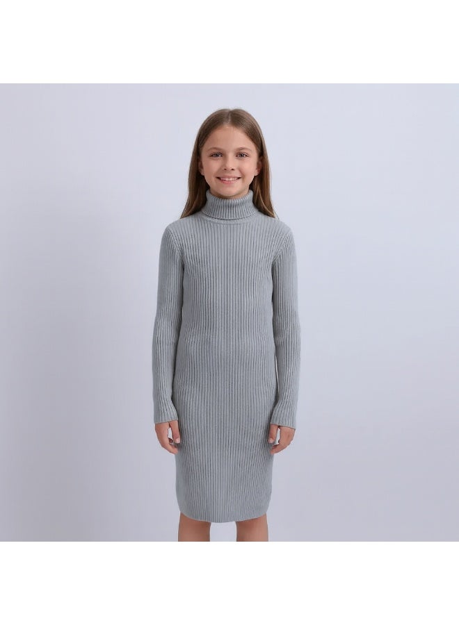 فستان سويت شيرت بياقة مدورة مضلعة للبنات، مصنوع من مادة محبوكة ناعمة، مناسب لوزن من 20 إلى 50 كجم