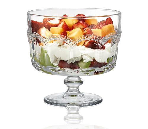 Artland Glass Trifle Bowl with Pearl Ridge Design Clear 88oz Large Footed Bowl Display Stand with Pedestal For Round Dessert Cakes Pastries Ice Cream Microwave and Dishwasher Safe