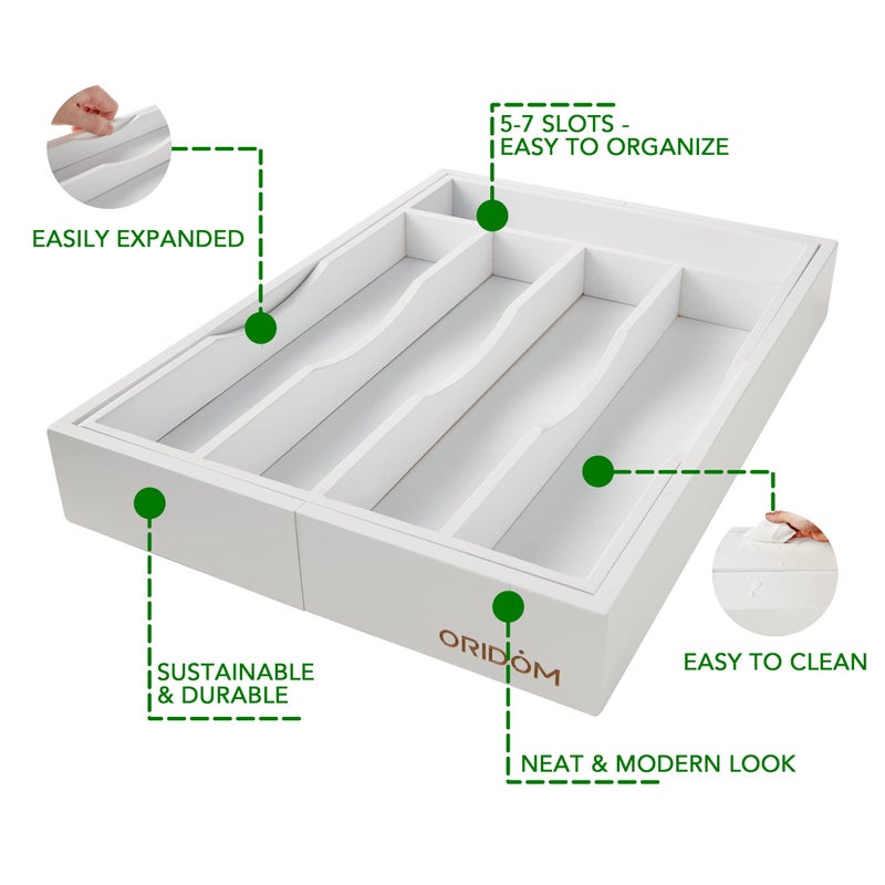 oridom Expandable Bamboo Kitchen Drawer Organizer for Cutlery and Utensils, Adjustable Bamboo Wood Cutlery Tray in Drawer for Flatware and Silverware in Kitchen, (White) - Image 3