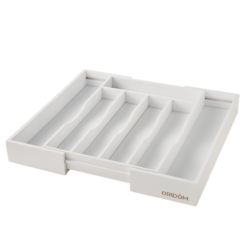 oridom Expandable Bamboo Kitchen Drawer Organizer for Cutlery and Utensils, Adjustable Bamboo Wood Cutlery Tray in Drawer for Flatware and Silverware in Kitchen, (White) - Image 2