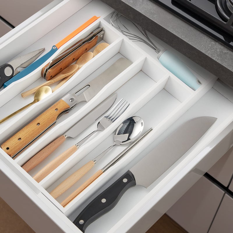 oridom Expandable Bamboo Kitchen Drawer Organizer for Cutlery and Utensils, Adjustable Bamboo Wood Cutlery Tray in Drawer for Flatware and Silverware in Kitchen, (White) - Image 5