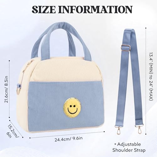 LSxia Kids Lunch Bag Lunch Box for Teen Girls Boys Back to School Cute Preppy Lunchbox With Adjustable Shoulder Strap Insulated Corduroy LunchBoxes LunchBags for Women Work Picnic Blue - Image 3