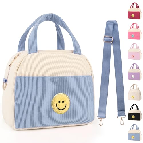 LSxia Kids Lunch Bag Lunch Box for Teen Girls Boys Back to School Cute Preppy Lunchbox With Adjustable Shoulder Strap Insulated Corduroy LunchBoxes LunchBags for Women Work Picnic Blue - Image 1