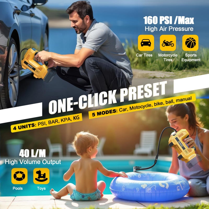 DIYtoolifz 160PSI Cordless Tire Inflator Compatible with Dewalt 20V Air Compressor, Portable Air Pump Automatic Shut Off, LED Light, Digital Pressure Gauge for Cars Motorcycles Bike Ball(Bare Tool) - Image 5