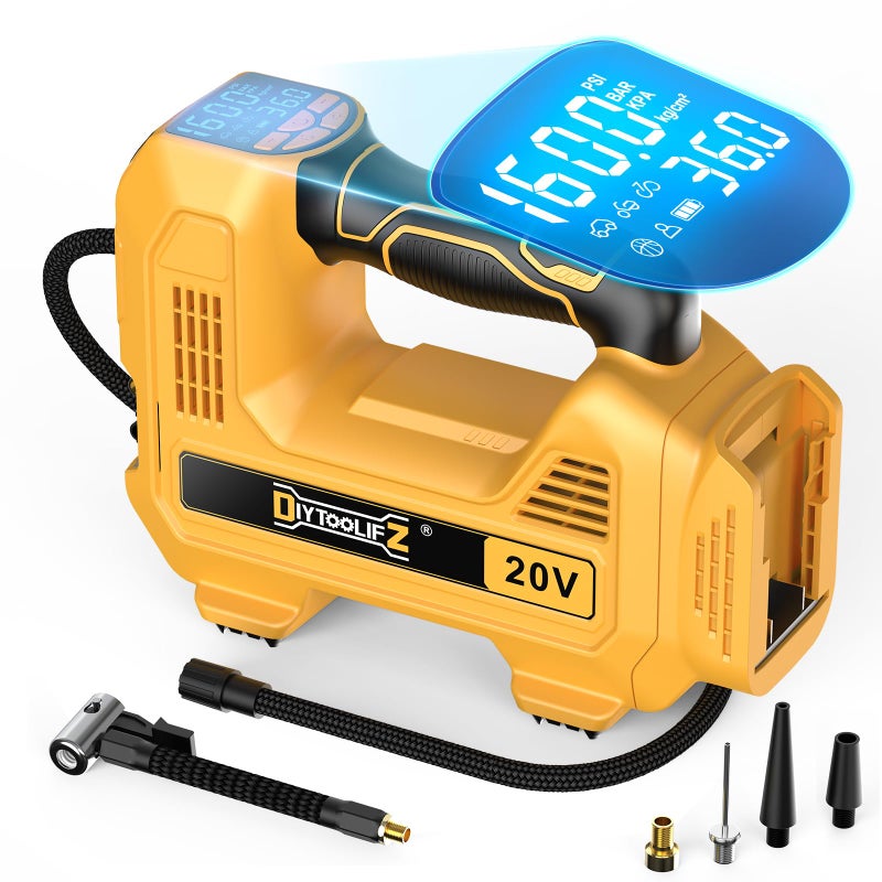 DIYtoolifz 160PSI Cordless Tire Inflator Compatible with Dewalt 20V Air Compressor, Portable Air Pump Automatic Shut Off, LED Light, Digital Pressure Gauge for Cars Motorcycles Bike Ball(Bare Tool) - Image 1