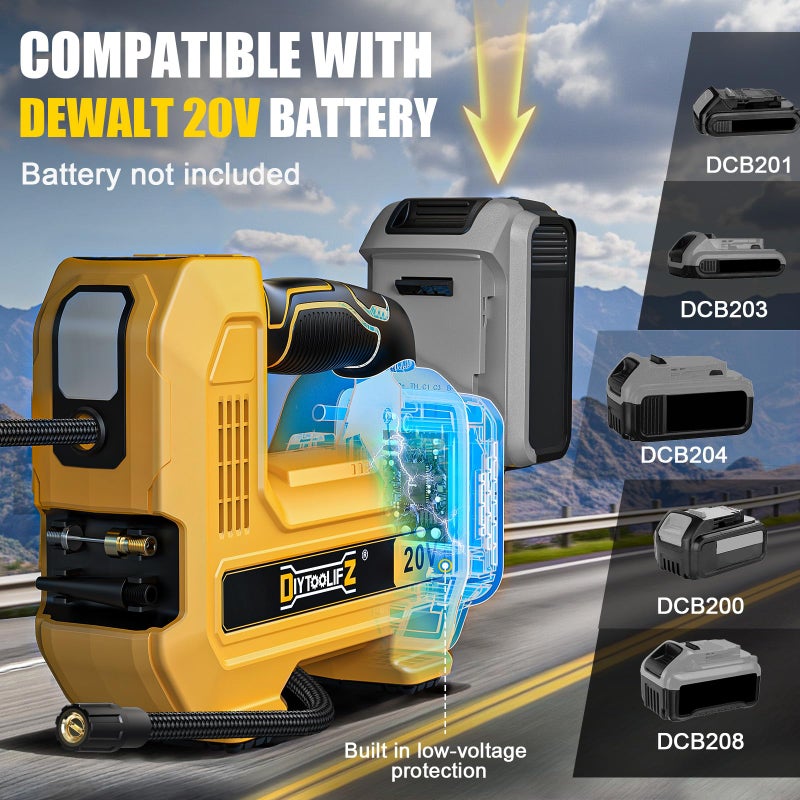 DIYtoolifz 160PSI Cordless Tire Inflator Compatible with Dewalt 20V Air Compressor, Portable Air Pump Automatic Shut Off, LED Light, Digital Pressure Gauge for Cars Motorcycles Bike Ball(Bare Tool) - Image 4