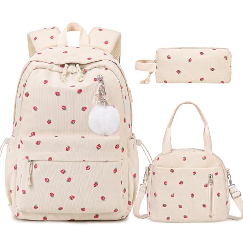 ACESAK Backpack for Girls - Corduroy Girls Backpack with Lunch Bag & Pencil Pouch for Teen Kids Laptop Backpack for Women, Middle High School Bookbag Travel Daypack (Beige Strawberry) - Image 1
