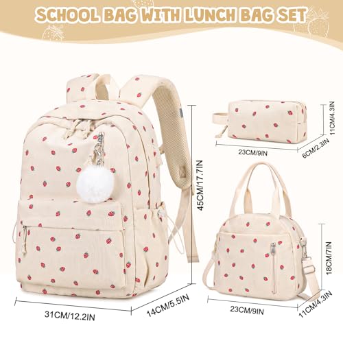 ACESAK Backpack for Girls - Corduroy Girls Backpack with Lunch Bag & Pencil Pouch for Teen Kids Laptop Backpack for Women, Middle High School Bookbag Travel Daypack (Beige Strawberry) - Image 2