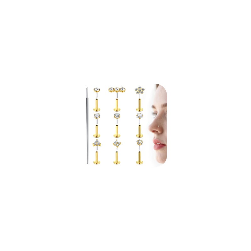 Mayhoop 14K Gold Push in Stud Earrings 316L Surgical Steel Threadless Stud Multi-Pack Flat Back Nose Rings Conch Cartilage Tragus Lip Labret Helix Piercing Jewelry Hypoallergenic for Women Men 18G/20G - Image 1