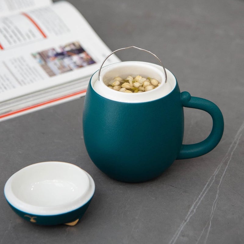 Heer Cat Tea Cup with Infuser and Lid, Cute Tea Mug with Strainer for Steeping Loose Leaf, Ceramic Teacup Birthday Christmas Cat Lover Gifts for Women, Men, Mom, Sisters, besties. (Green) - Image 3