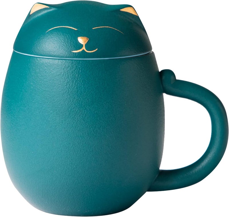 Heer Cat Tea Cup with Infuser and Lid, Cute Tea Mug with Strainer for Steeping Loose Leaf, Ceramic Teacup Birthday Christmas Cat Lover Gifts for Women, Men, Mom, Sisters, besties. (Green) - Image 1