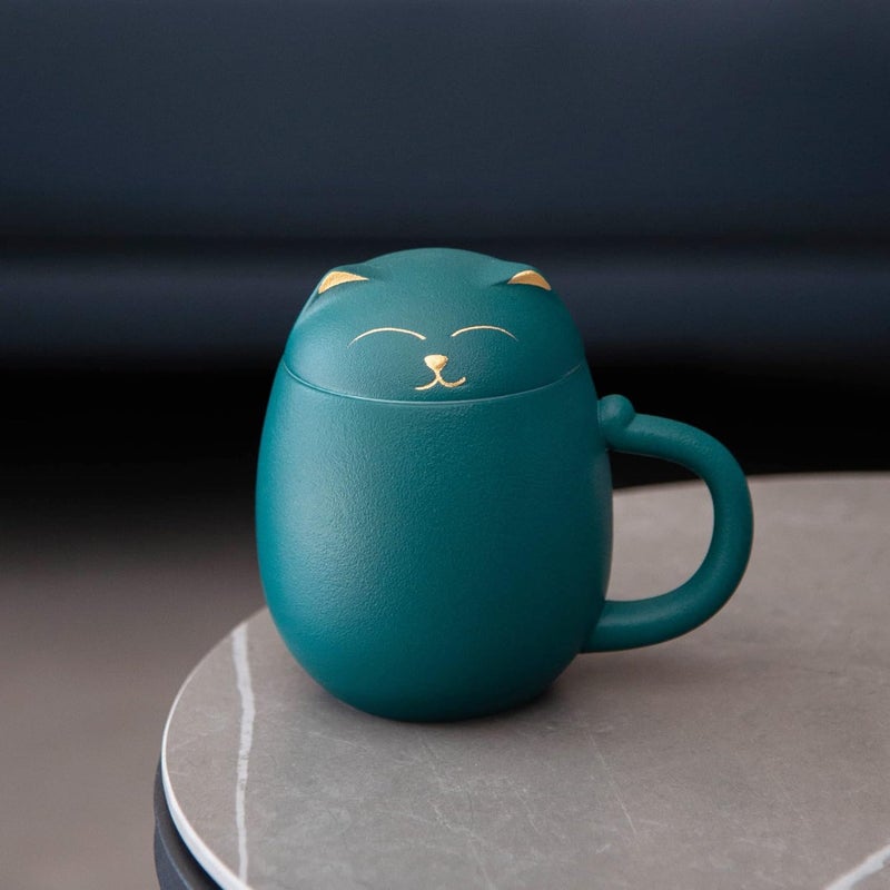 Heer Cat Tea Cup with Infuser and Lid, Cute Tea Mug with Strainer for Steeping Loose Leaf, Ceramic Teacup Birthday Christmas Cat Lover Gifts for Women, Men, Mom, Sisters, besties. (Green) - Image 2