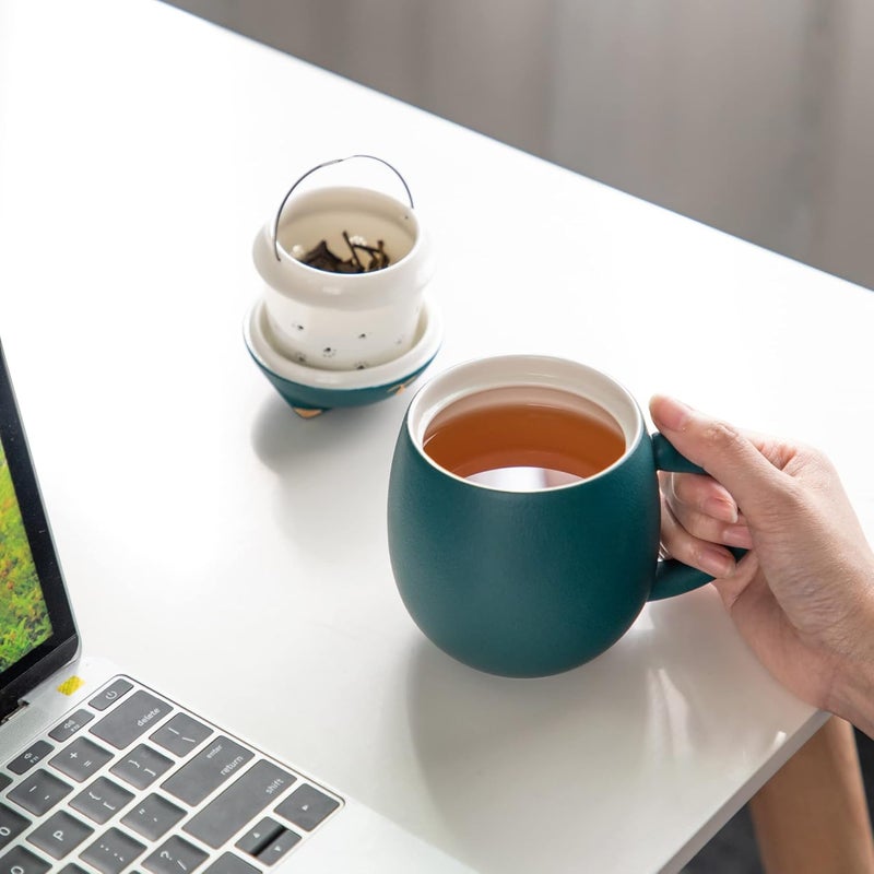 Heer Cat Tea Cup with Infuser and Lid, Cute Tea Mug with Strainer for Steeping Loose Leaf, Ceramic Teacup Birthday Christmas Cat Lover Gifts for Women, Men, Mom, Sisters, besties. (Green) - Image 5