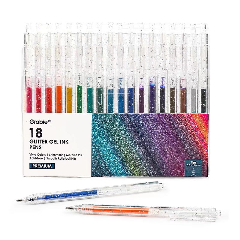 Grabie glitter gel pens 18 Colors,Metallic Vibrant Sparkle gel pens for coloring,Retractable Sparkle glitter markers,glitter pens for adults,colored gel pens for Adult Coloring Books and Drawing - Image 1