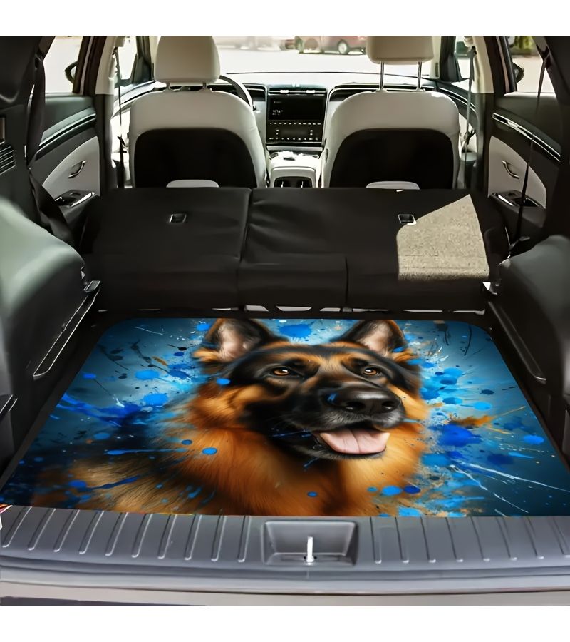 1pc Artistic German Shepherd Print Car Trunk Mat 75cmx100cm 29inchx39inch Vibrant Blue And Orange Dog Design Non Slip Backing Suitable For Most Vehicles Automobile Storage Perfect Gift - Image 1