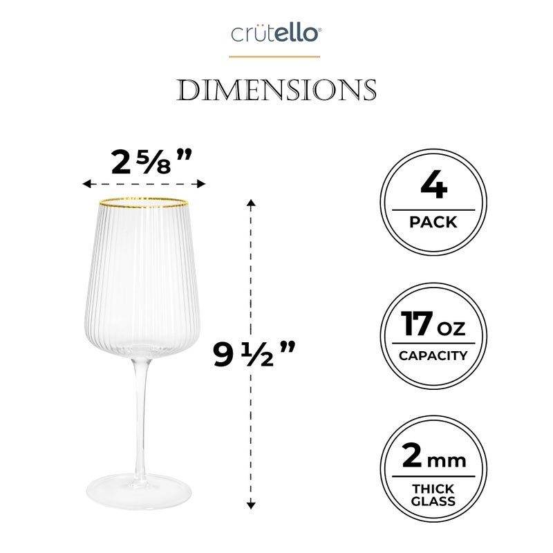 Crutello Modern Wine Glasses - 17 oz Unique Fluted Glassware with Vintage Ribbed Glassware Texture and Gold Rim, Art Deco Red or Fancy White Wine Glasses - Set of 4 - Image 2