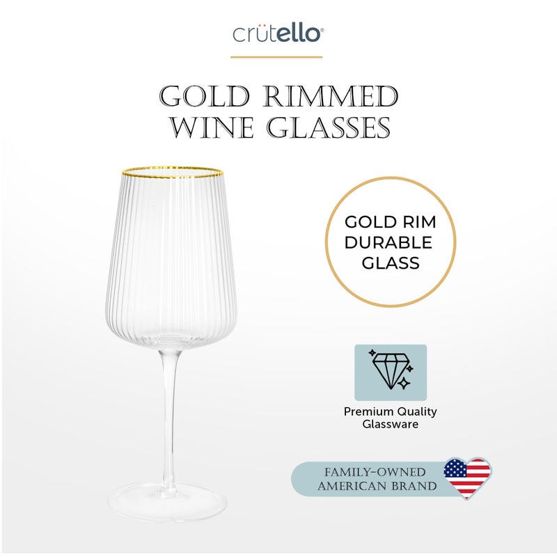 Crutello Modern Wine Glasses - 17 oz Unique Fluted Glassware with Vintage Ribbed Glassware Texture and Gold Rim, Art Deco Red or Fancy White Wine Glasses - Set of 4 - Image 5