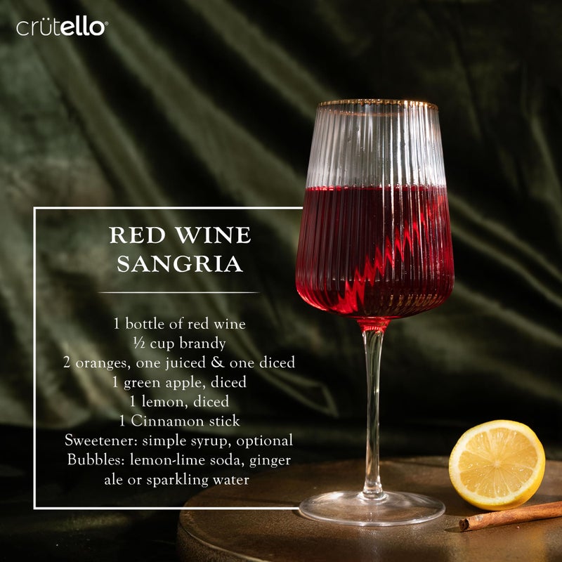 Crutello Modern Wine Glasses - 17 oz Unique Fluted Glassware with Vintage Ribbed Glassware Texture and Gold Rim, Art Deco Red or Fancy White Wine Glasses - Set of 4 - Image 4