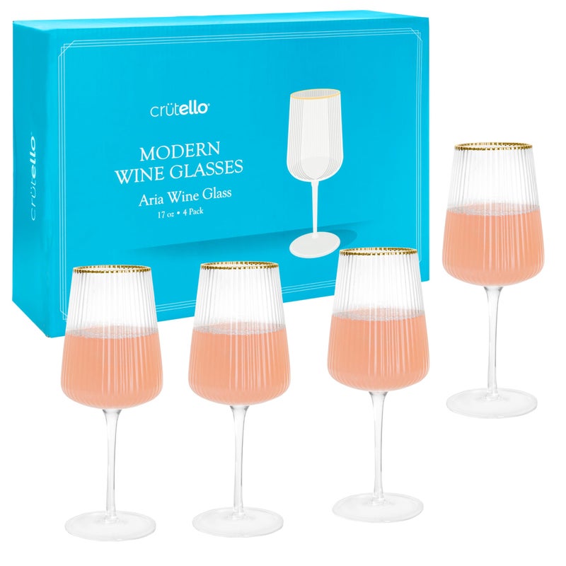 Crutello Modern Wine Glasses - 17 oz Unique Fluted Glassware with Vintage Ribbed Glassware Texture and Gold Rim, Art Deco Red or Fancy White Wine Glasses - Set of 4 - Image 1