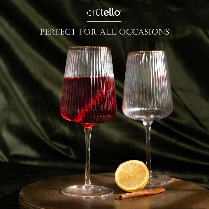 Crutello Modern Wine Glasses - 17 oz Unique Fluted Glassware with Vintage Ribbed Glassware Texture and Gold Rim, Art Deco Red or Fancy White Wine Glasses - Set of 4 - Image 3