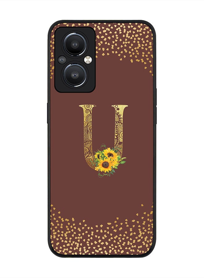 Stylizedd Rugged Black edge case for Reno8 Z 5G / Reno8 Lite 5G / Reno7 Z 5G Slim fit Soft Case Flexible Rubber Edges Anti Drop TPU Gel Thin Cover - Custom Monogram Letter Floral Pattern Alphabet - U (Brown) - Image 1