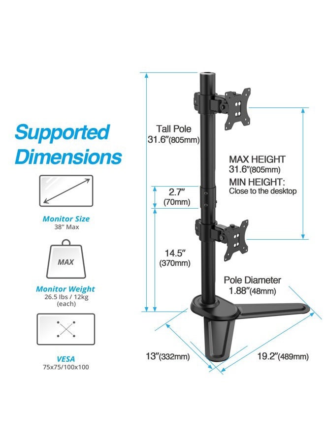AVLT 38" Vertical Ultrawide Monitor Mount Stand Two Stacked 26.5 lbs Screens on Heavy-Duty Pole Save Workspace with Fine-Tune Height Tilt Swivel Rotate Adjustment Free Standing Sturdy Base - Image 2