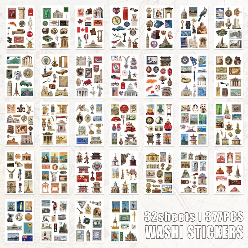 Bomichi Travel Sticker Book, 32 Sheets 377 Pcs Vintage Aesthetics Stickers & 20 Sheets Washi Paper for Journaling Scrapbooking Bullet Journals Planners Letter Card Making - Image 4
