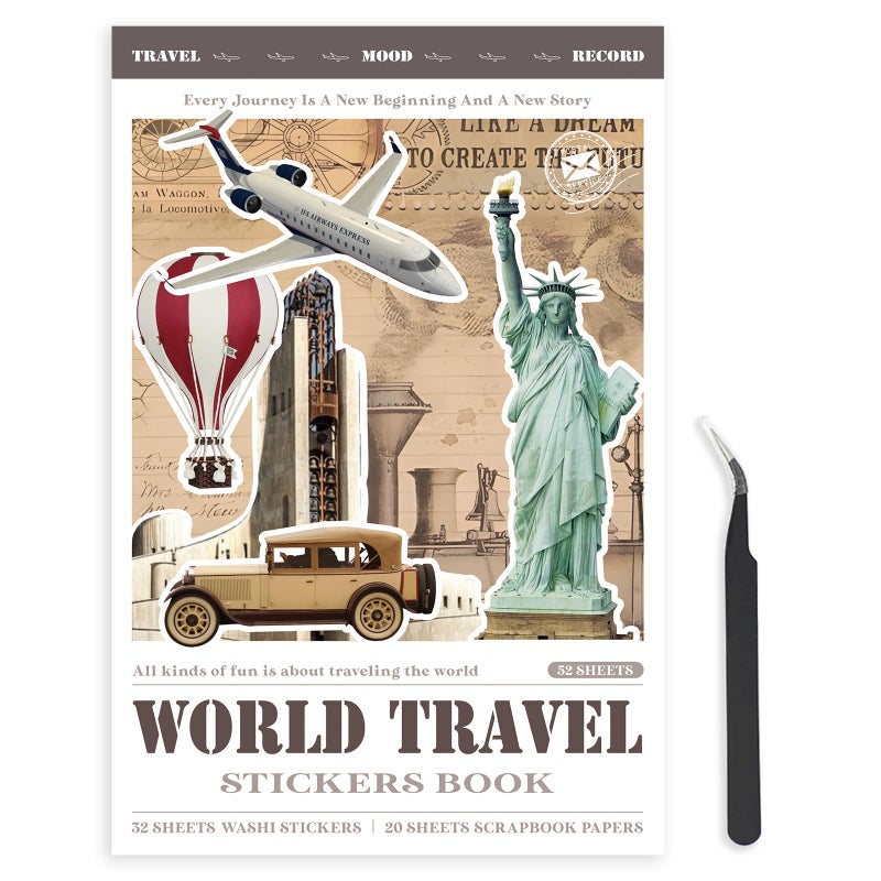 Bomichi Travel Sticker Book, 32 Sheets 377 Pcs Vintage Aesthetics Stickers & 20 Sheets Washi Paper for Journaling Scrapbooking Bullet Journals Planners Letter Card Making - Image 1