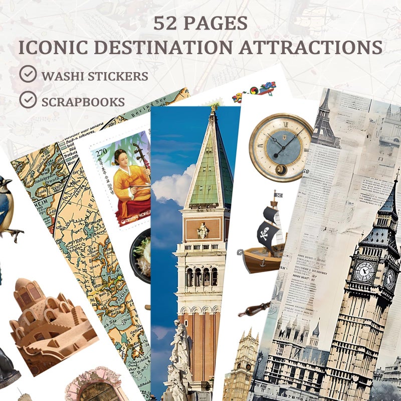 Bomichi Travel Sticker Book, 32 Sheets 377 Pcs Vintage Aesthetics Stickers & 20 Sheets Washi Paper for Journaling Scrapbooking Bullet Journals Planners Letter Card Making - Image 3