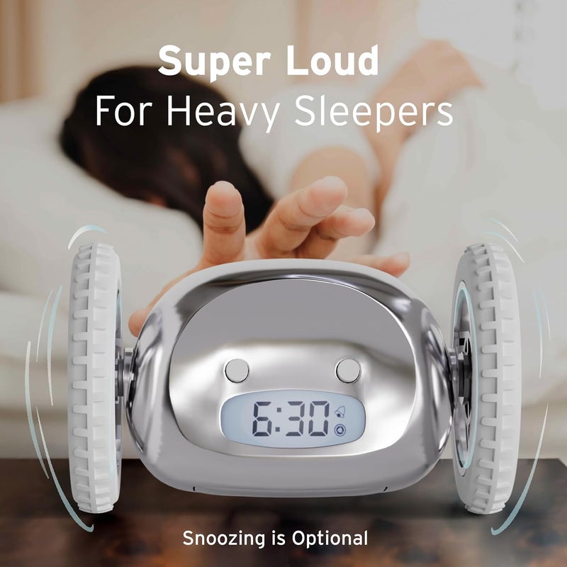 Clocky Alarm Clock on Wheels (Original) | Loudest for Heavy Sleeper (Adult or Kid Bed-Room Robot Clockie) Funny, Rolling, Run-away, Moving, Jumping (Chrome) - Image 5