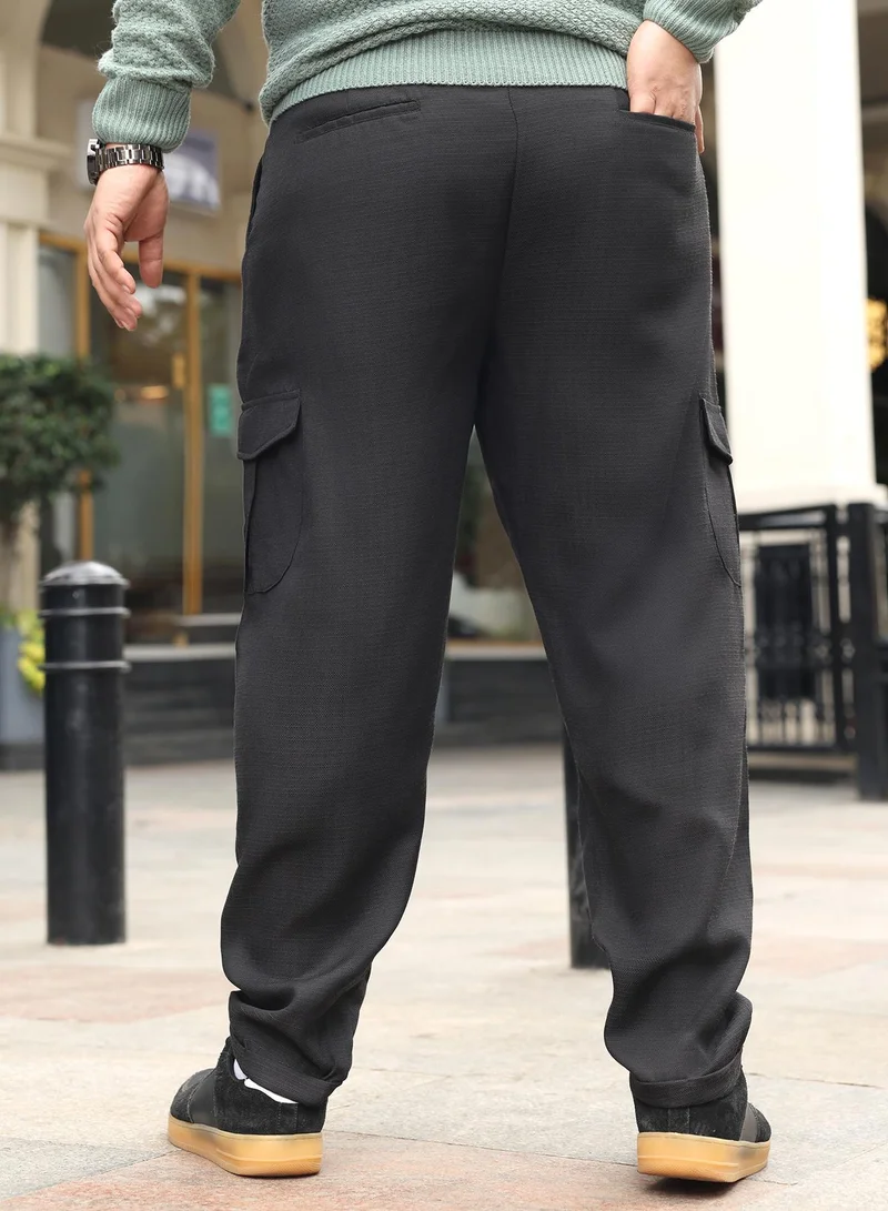 Instafab Plus  Instafab Plus Men Pleated-Dobby Cargo Trousers | Mid-Rise , Side Elasticated Stretch | Button Closure , Cuffed-Straight Hem | Solid Dobby | Woven Fabric For Casual & Daily Wear | Onyx Black for Men | Best Price UAE