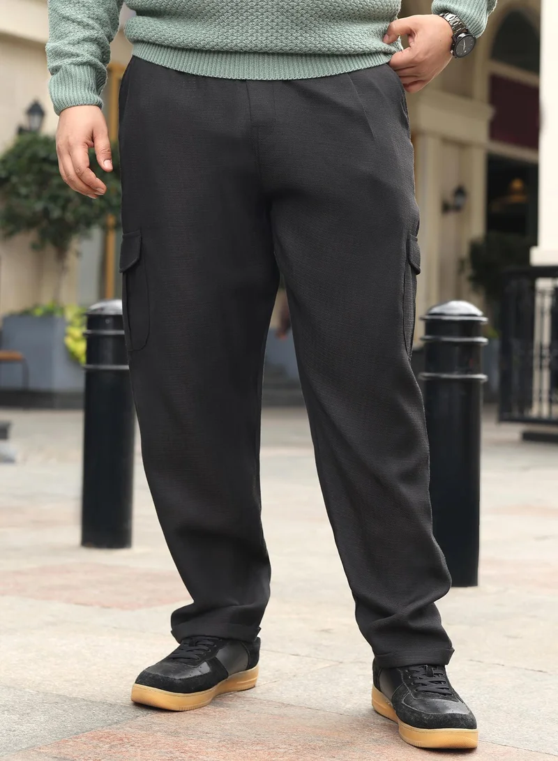 Instafab Plus Instafab Plus Men Pleated-Dobby Cargo Trousers | Mid-Rise , Side Elasticated Stretch | Button Closure , Cuffed-Straight Hem | Solid Dobby | Woven Fabric For Casual & Daily Wear | Onyx Black