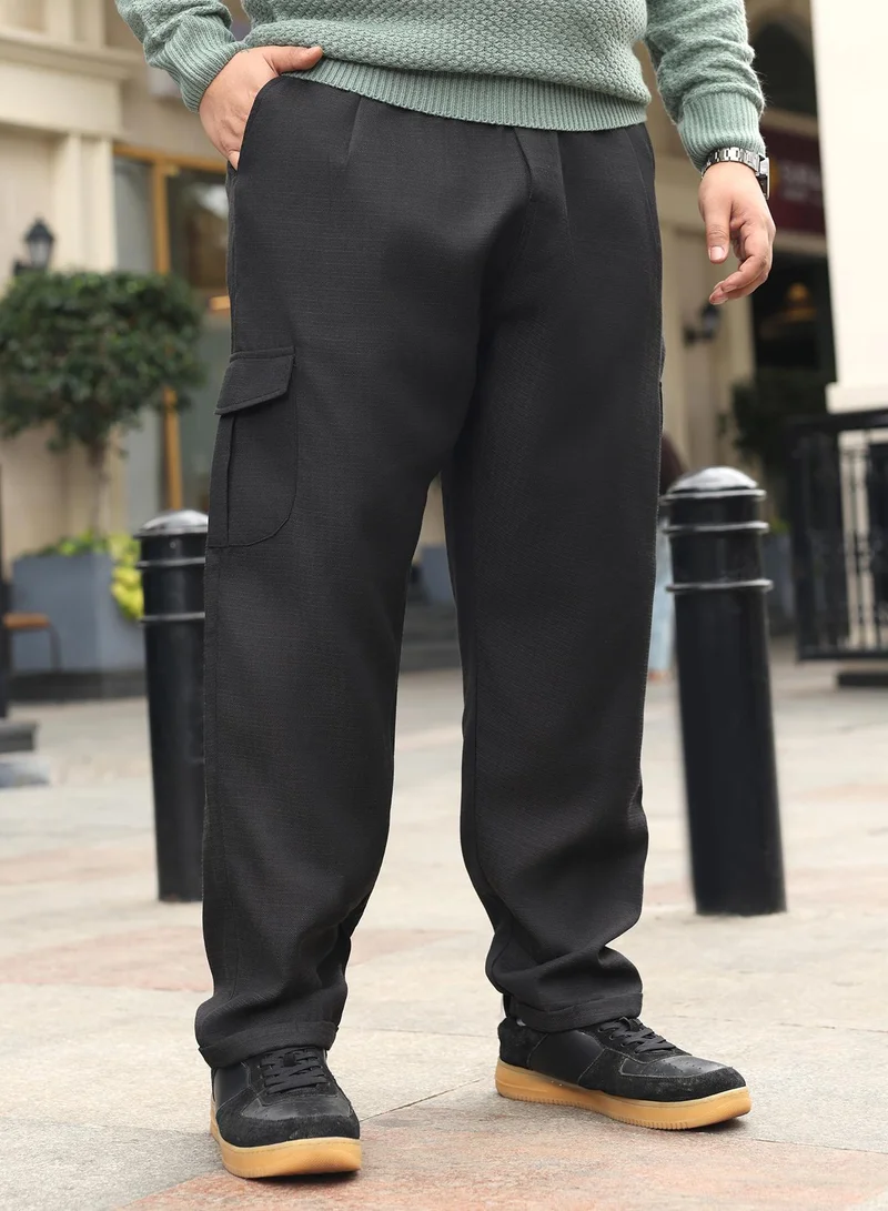 Instafab Plus  Instafab Plus Men Pleated-Dobby Cargo Trousers | Mid-Rise , Side Elasticated Stretch | Button Closure , Cuffed-Straight Hem | Solid Dobby | Woven Fabric For Casual & Daily Wear | Onyx Black for Men | Best Price UAE