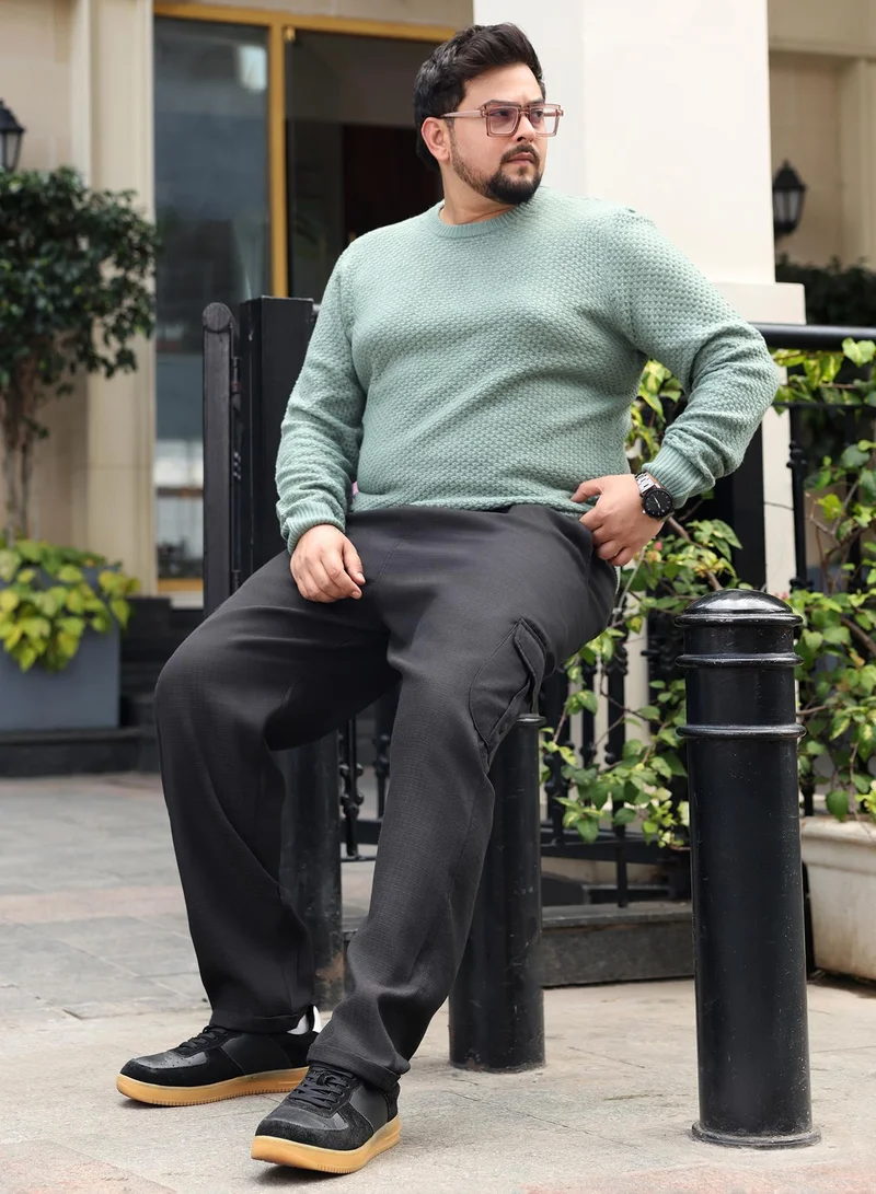 Instafab Plus  Instafab Plus Men Pleated-Dobby Cargo Trousers | Mid-Rise , Side Elasticated Stretch | Button Closure , Cuffed-Straight Hem | Solid Dobby | Woven Fabric For Casual & Daily Wear | Onyx Black for Men | Best Price UAE