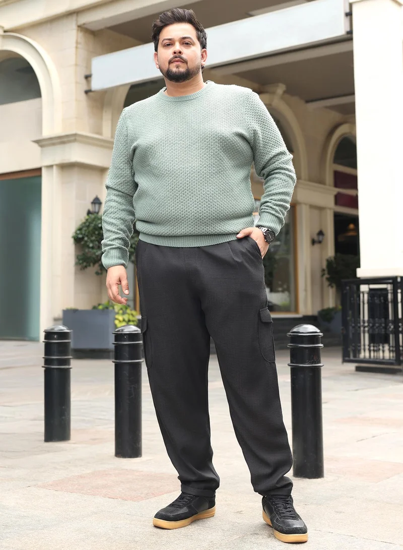 Instafab Plus  Instafab Plus Men Pleated-Dobby Cargo Trousers | Mid-Rise , Side Elasticated Stretch | Button Closure , Cuffed-Straight Hem | Solid Dobby | Woven Fabric For Casual & Daily Wear | Onyx Black for Men | Best Price UAE