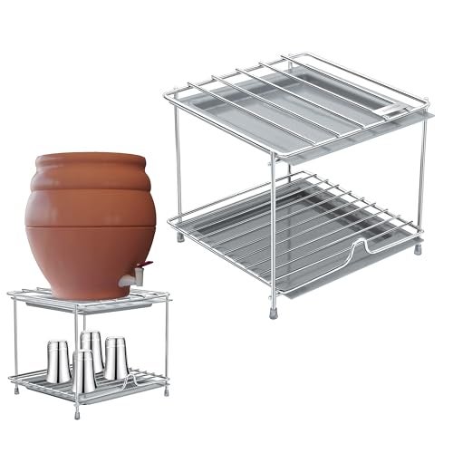 Plantex Matka Stand/Stainless Steel 2-Tier Matka Stand for Kitchen/Square Water Pot with Tray - 8 X 7.5 inch (Chrome), Free Standing, Tiered Shelf - Image 1