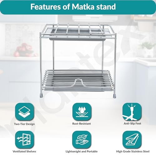 Plantex Matka Stand/Stainless Steel 2-Tier Matka Stand for Kitchen/Square Water Pot with Tray - 8 X 7.5 inch (Chrome), Free Standing, Tiered Shelf - Image 2