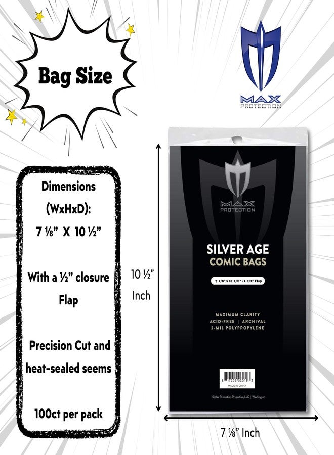 Max Protection Premium Silver Age Comic Book Bags - Archival Safe Comic Book Storage - Crystal Clear 2 mil Polypropylene - 7 1/8 x 10 1/2 with 1 1/2 inch Flap (100 Bags) - Image 3