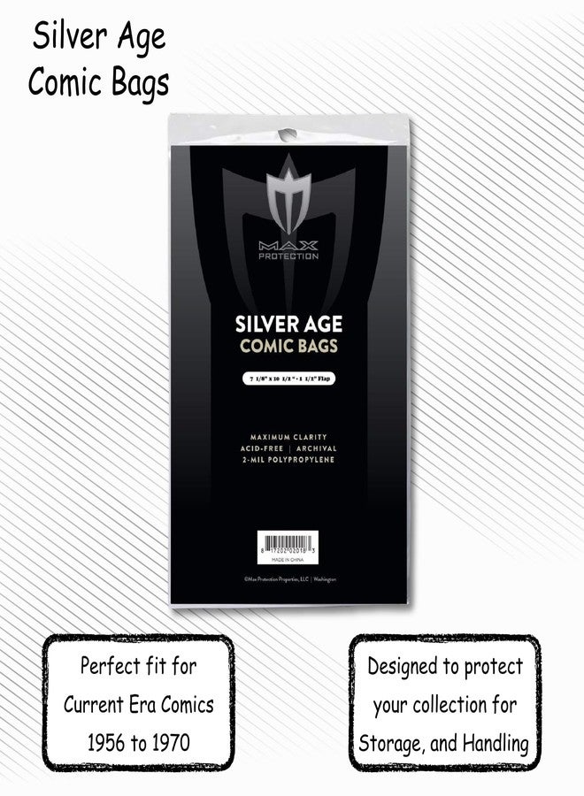 Max Protection Premium Silver Age Comic Book Bags - Archival Safe Comic Book Storage - Crystal Clear 2 mil Polypropylene - 7 1/8 x 10 1/2 with 1 1/2 inch Flap (100 Bags) - Image 2