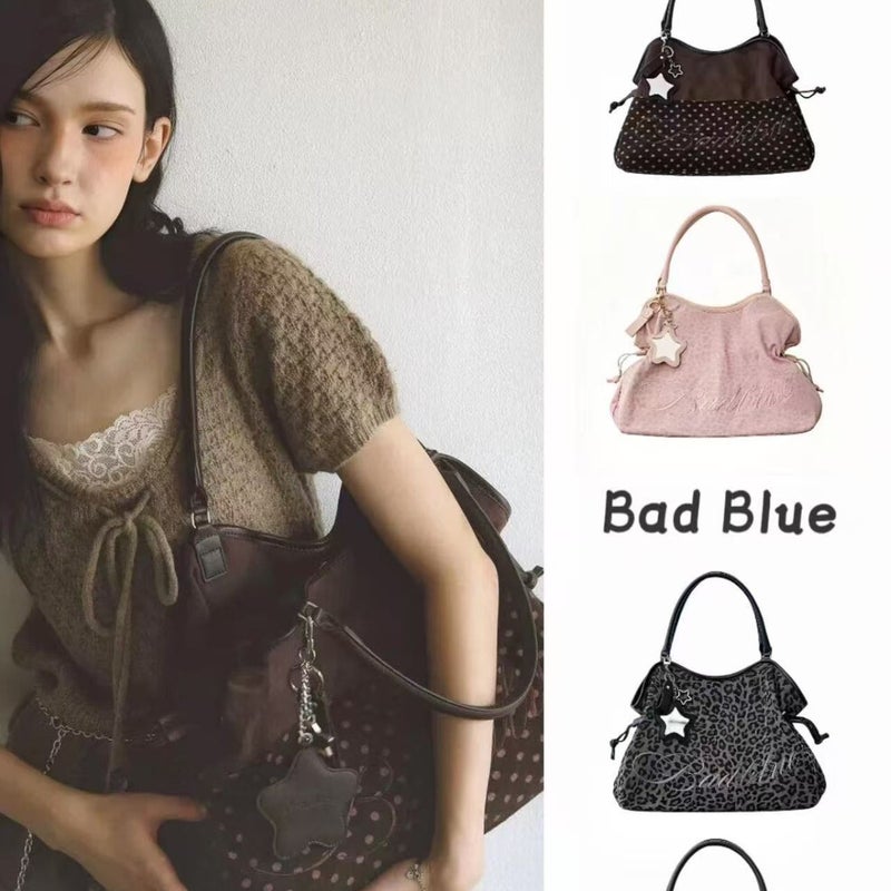 Badblue Embroidered Leopard Star Polka Dot Shoulder Tote - Image 2
