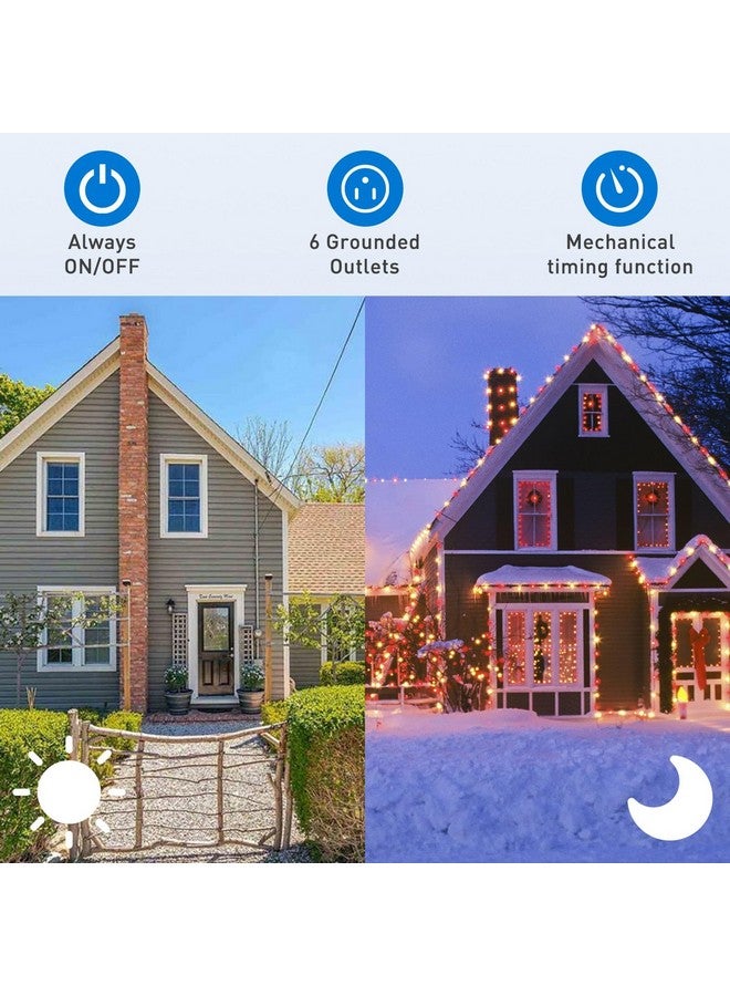 برايتاون مؤقت حائط خارجي مقاوم للماء، مؤقت كهربائي ميكانيكي لمدة 24 ساعة مع 6 منافذ (3 قابلة للدوران 180 درجة)، سلك تمديد بطول 6 أقدام، مؤقت حائط الفناء لأضواء عيد الميلاد الخارجية، شديد التحمل، معتمد من UL - Image 4